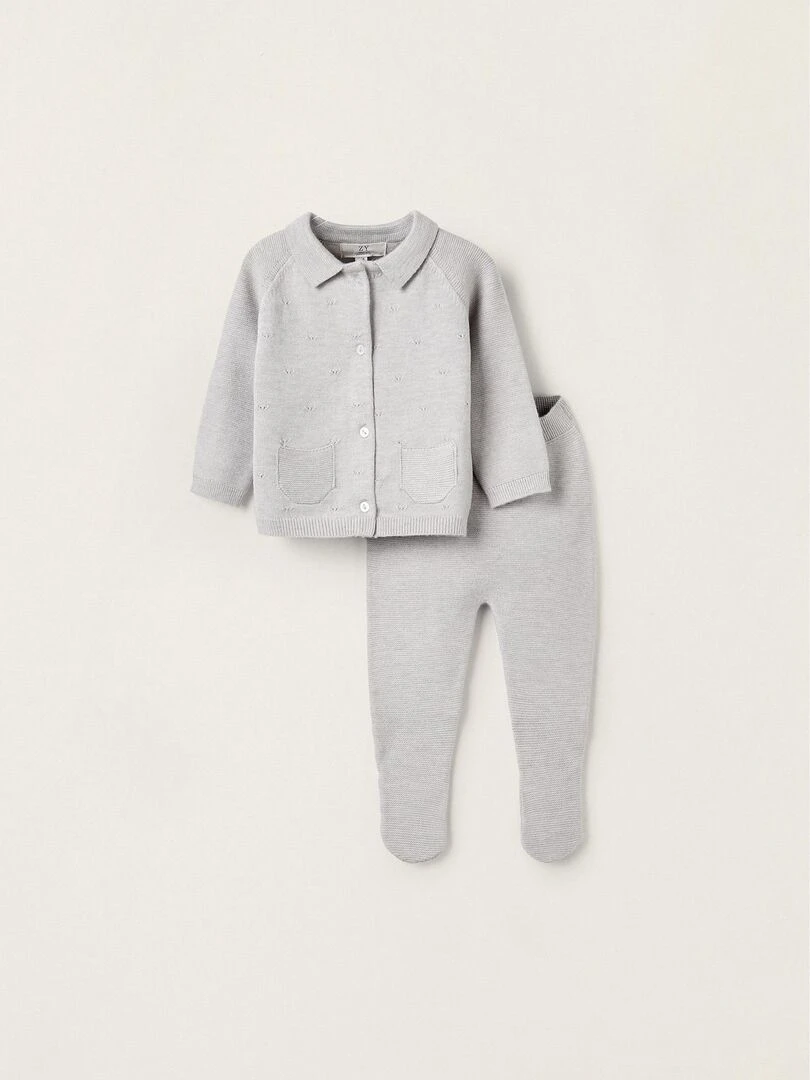 Manteau + Pantalon en Maille pour Nouveau Né EARLY BLOOM Gris clair