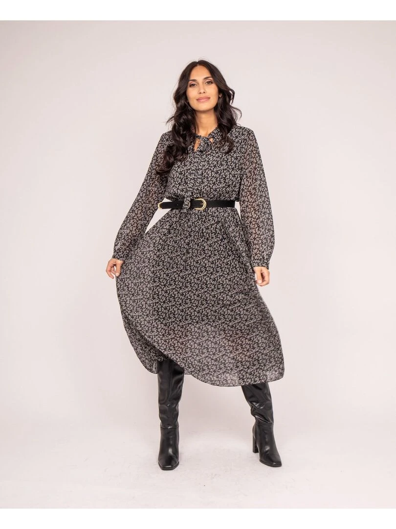 Robe longue motifs plissée IFLOR   Noir