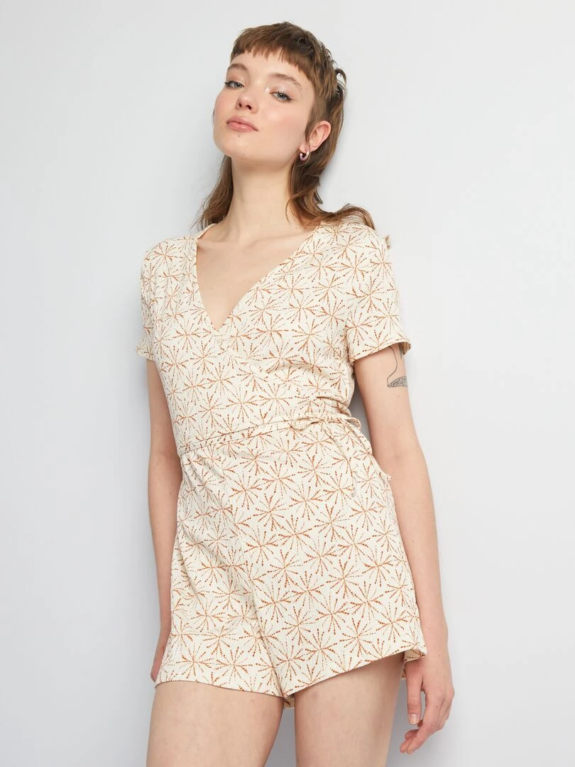 Combishort imprimé col cache coeur Beige