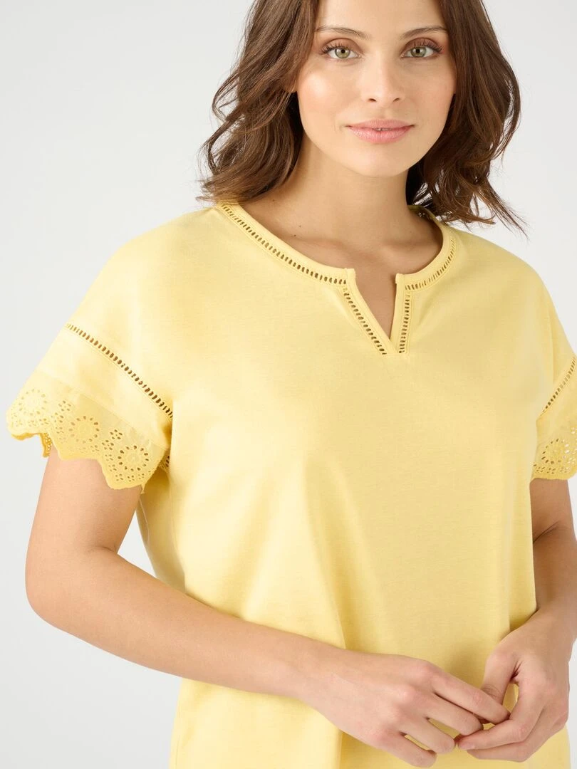 T shirt broderies anglaises pur coton   Damart   Jaune