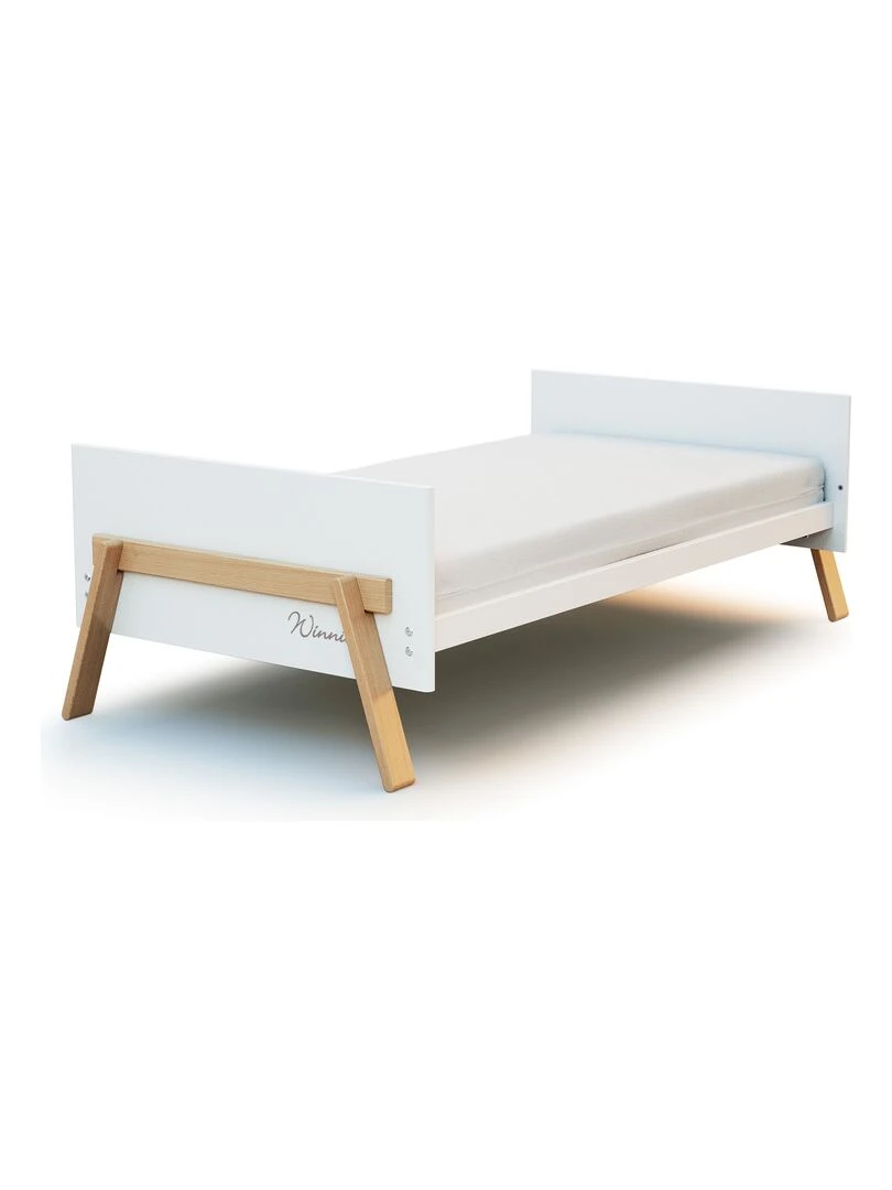 AT4 Lit évolutif 70x140cm CANAILLE Winnie Blanc et Hêtre Verni Marron foncé
