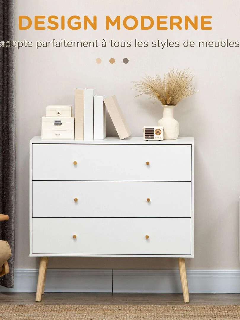 Commode 3 tiroirs design scandinave bois pin panneaux blanc   Blanc