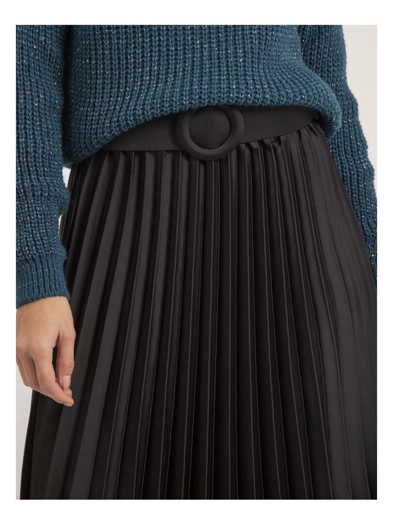 Jupe mi longue plissée satin et ceinture XOLIA   Noir