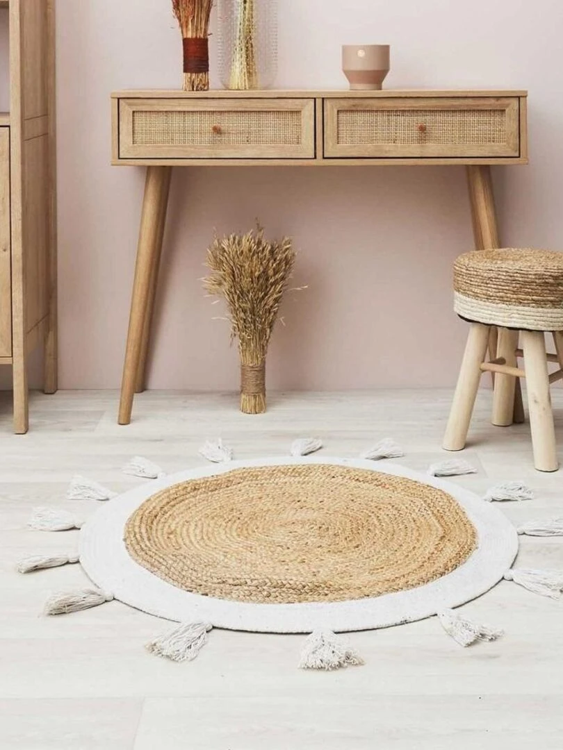 Tapis rond jute pompons blanc D80 Blanc