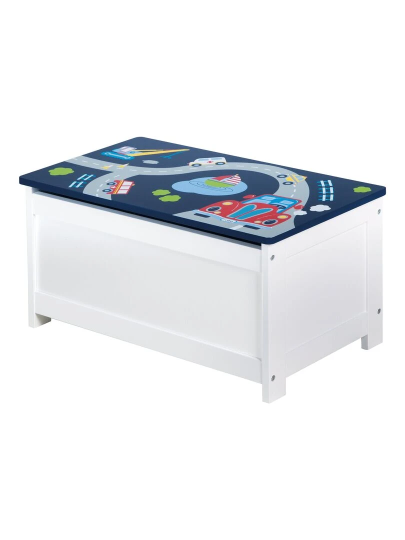 ROBA Banc Coffre à Jouets "Rennfahrer" en Bois pour Enfant Fermeture Douce Blanc/Bleu Bleu Blanc