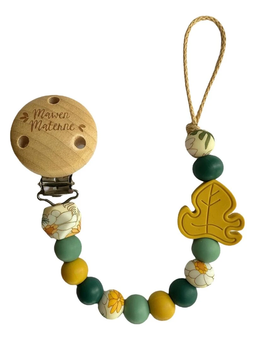 Attache tétine bois et silicone 'Feuille Fleurs des champs' Vert