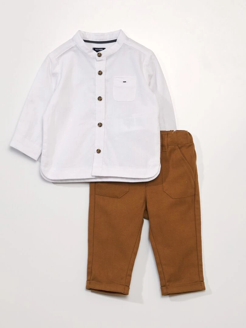 Ensemble 2 pièces Chemise col mao + pantalon chino Blanc/marron
