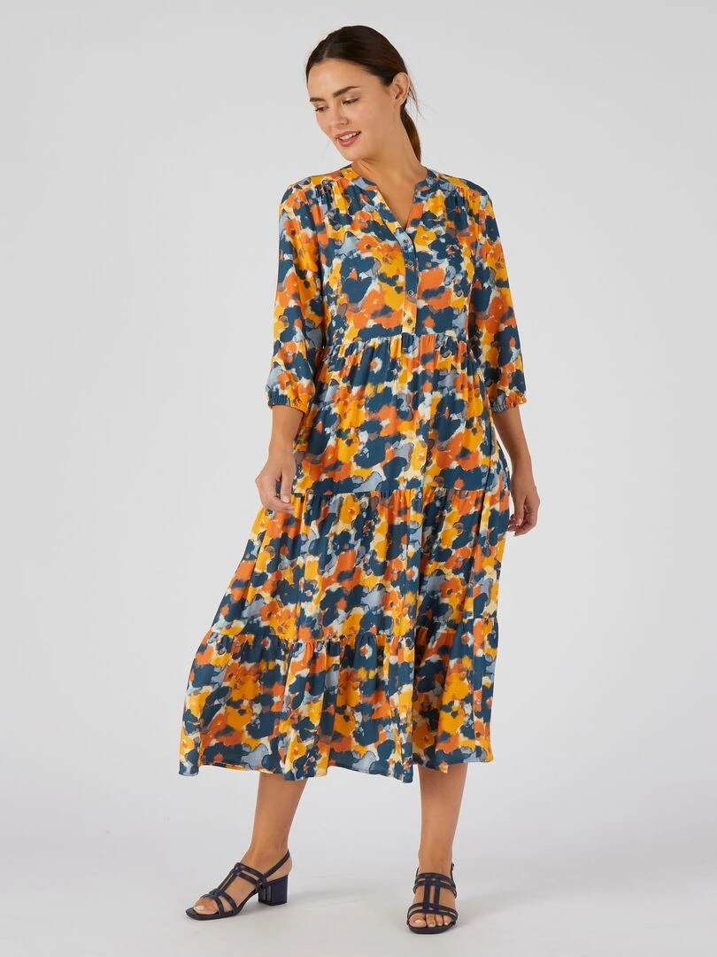 Robe longue imprimée à volants Damart Bleu