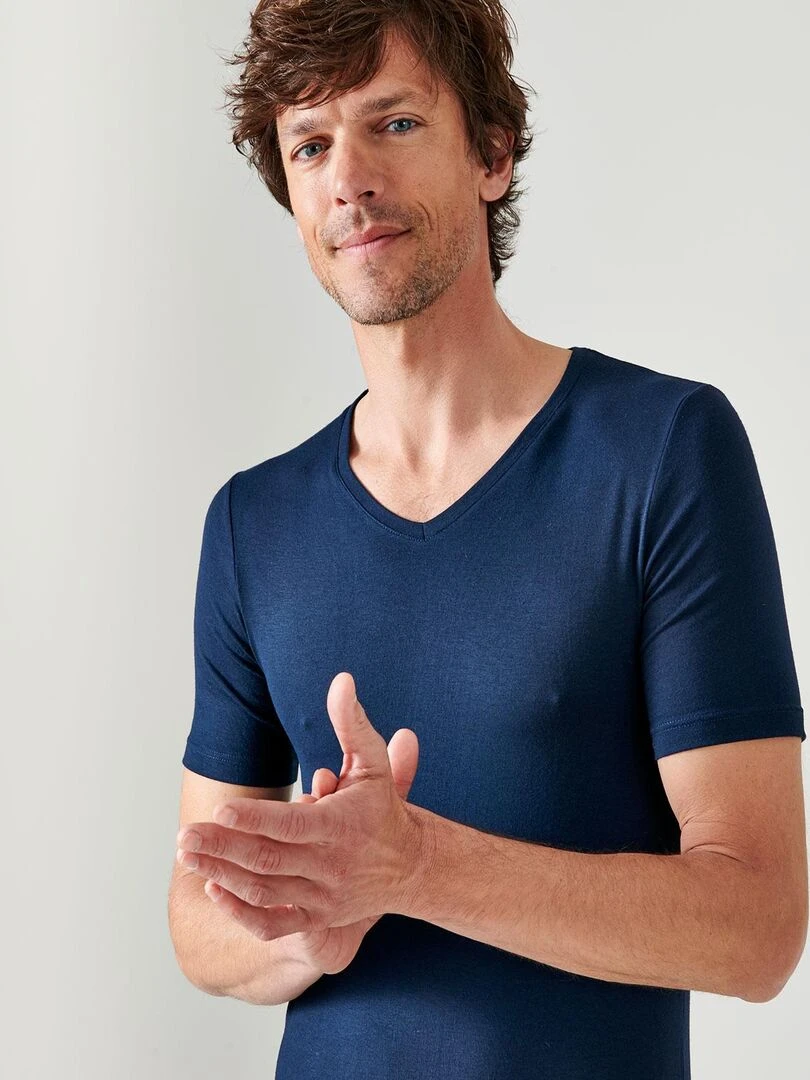 T shirt manches courtes col V Thermolactyl Sensitive Damart Bleu marine