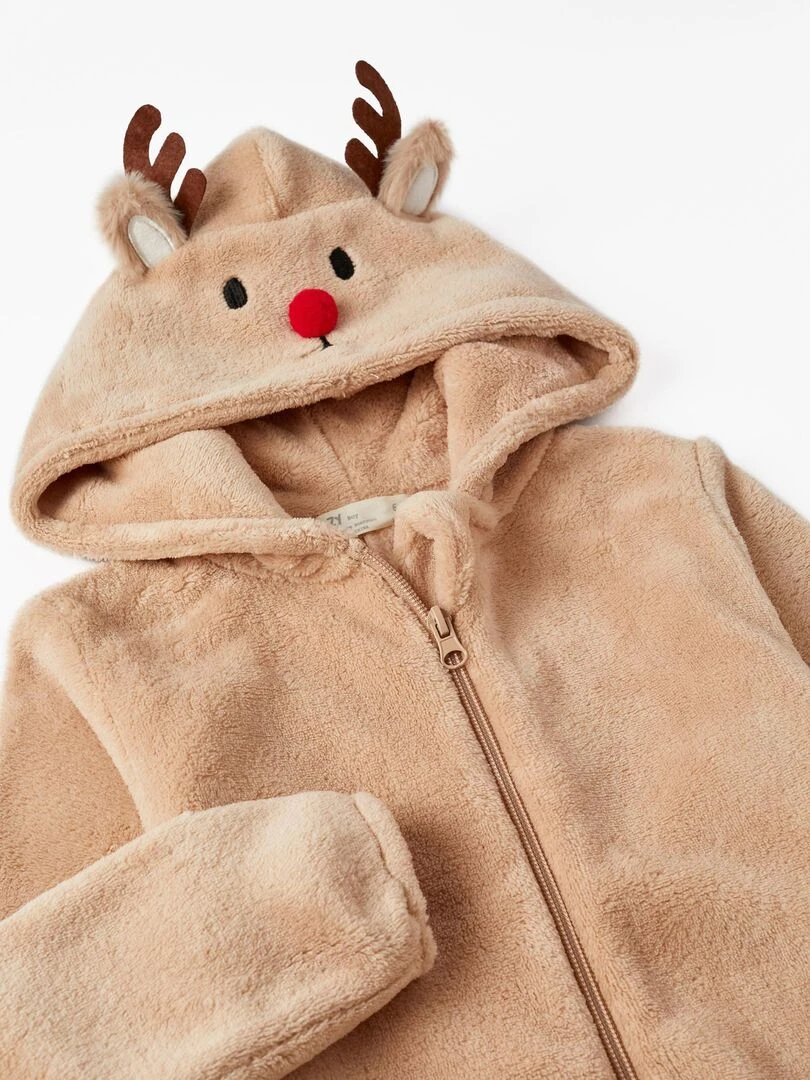 Pyjama Grenouillère en polaire avec capuche pour garçon 'Rudolph'   NOËL   Beige foncé