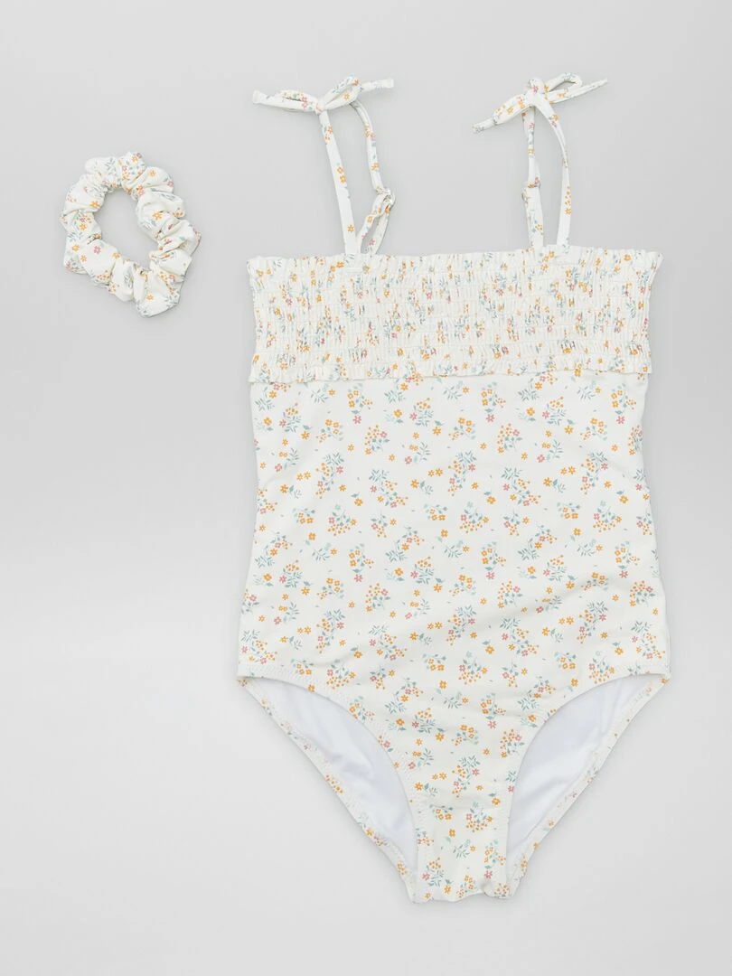 Maillot de bain smocké + Chouchou 2 pièces Blanc