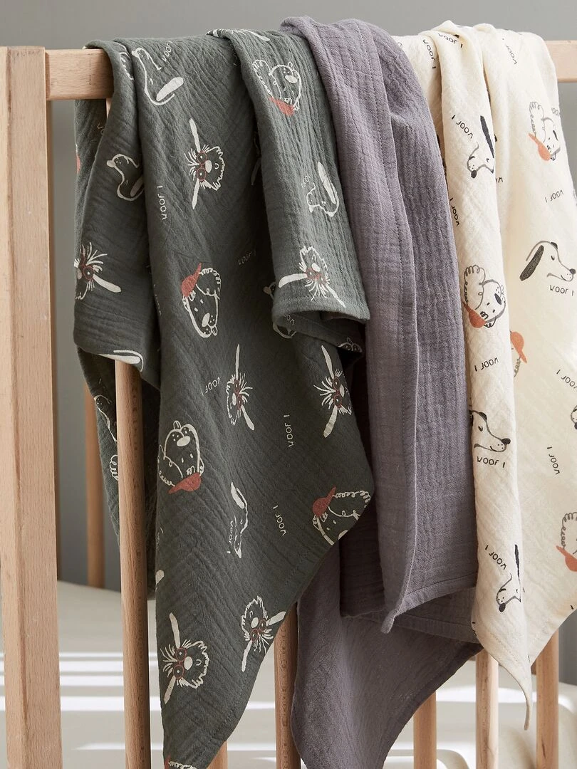 Lot de 3 langes en gaze de coton Gris