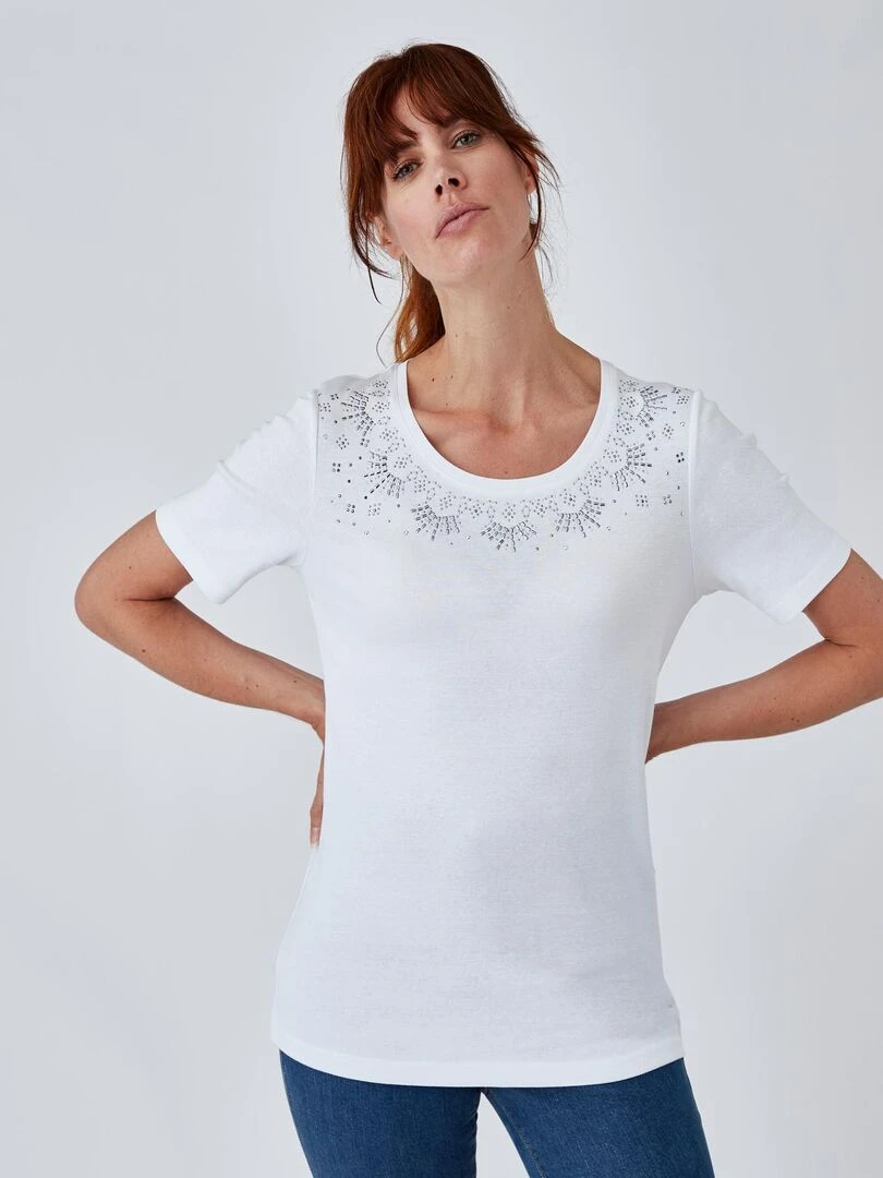 Tee shirt col rond strassé   Damart   Blanc