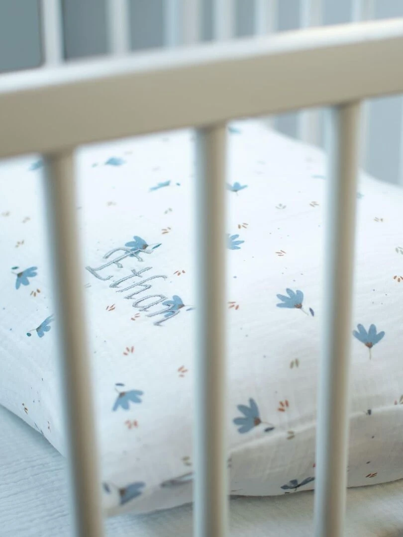 Taie d'oreiller en gaze de coton  Bleuet   Blanc