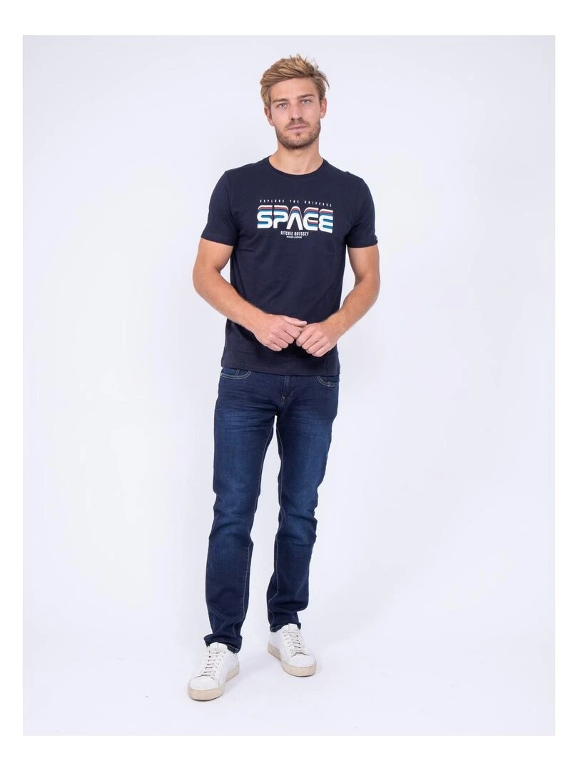 T shirt col rond pur coton JAMULO   Bleu marine