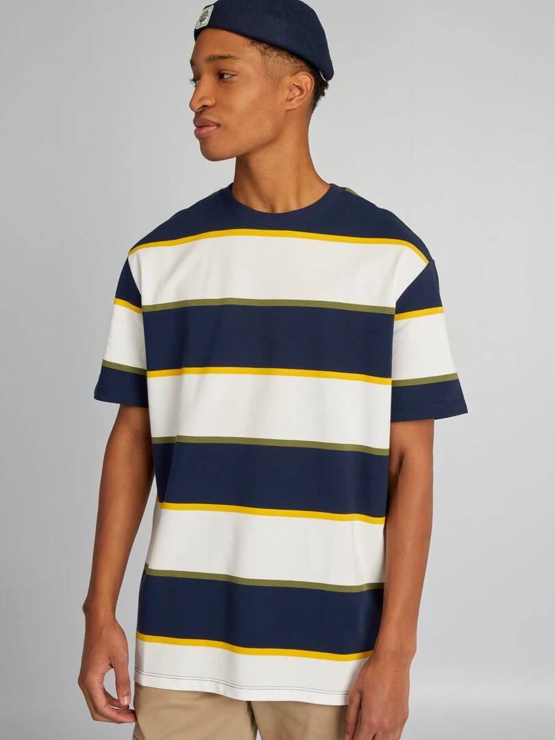 Tee shirt en piqué de coton + d'1m90 Blanc/bleu marine/ jaune