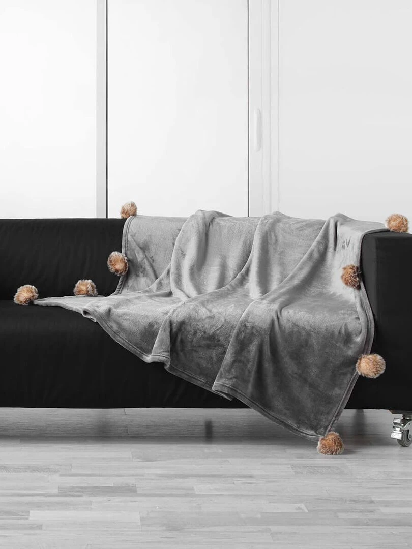 Plaid à pompons 125x150 cm flanelle unie Snowy gris Gris