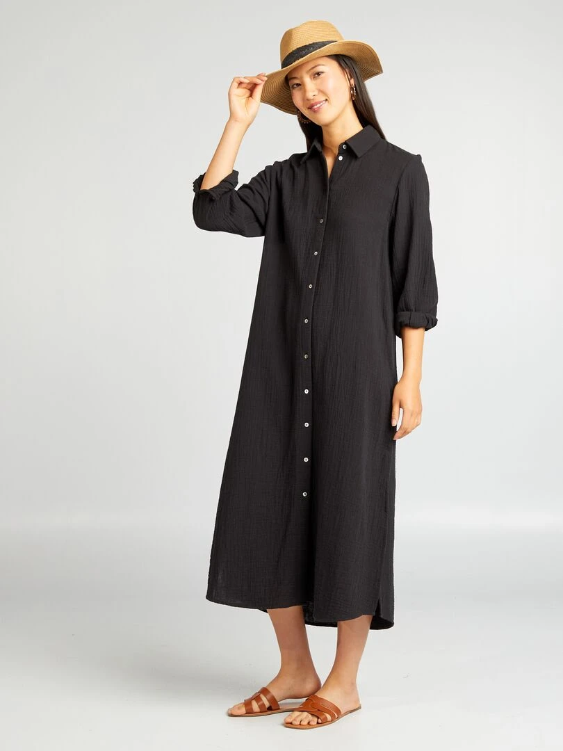 Robe longue forme chemise en double gaze de coton noir