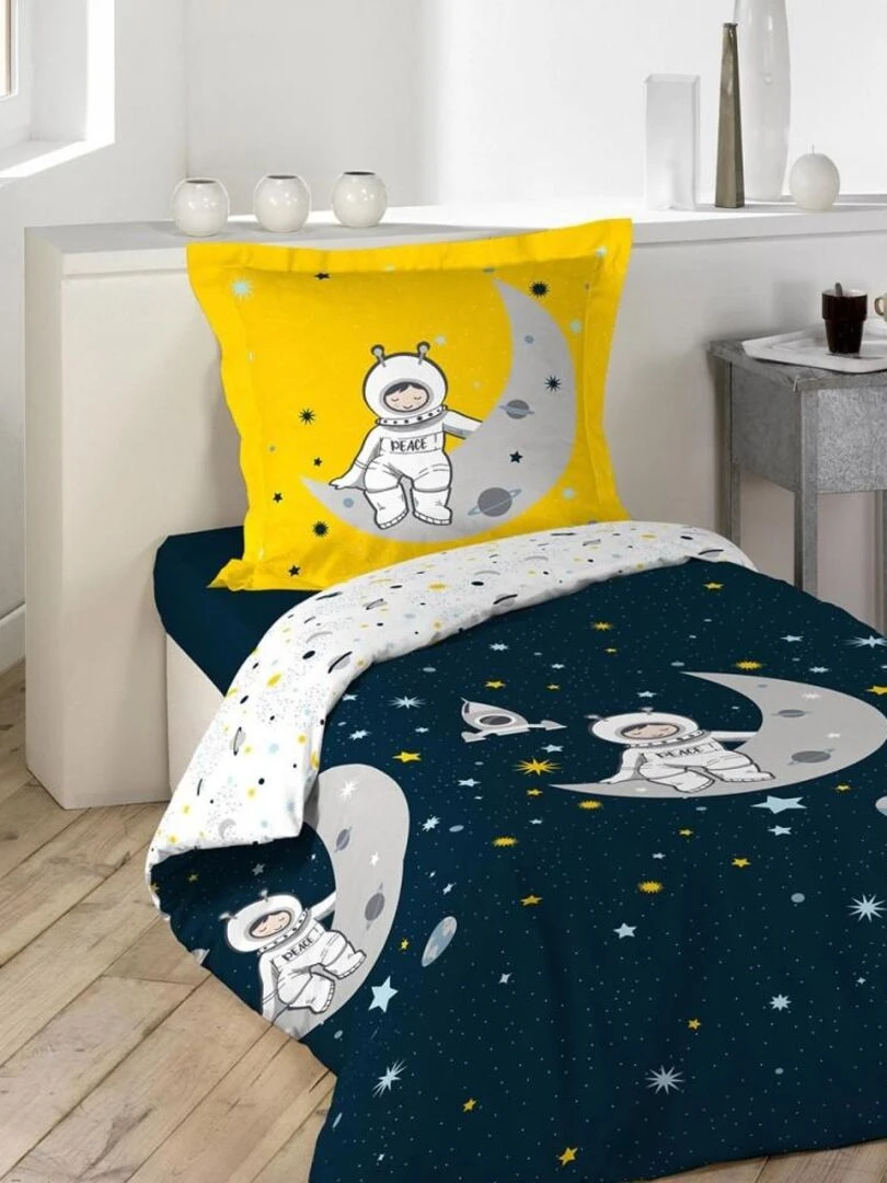 Housse de couette 140x200 + taie Petit Astronaute coton 42 fils Bleu