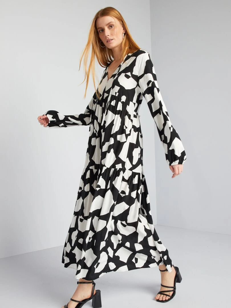 Robe midi imprimé col tunisien Noir