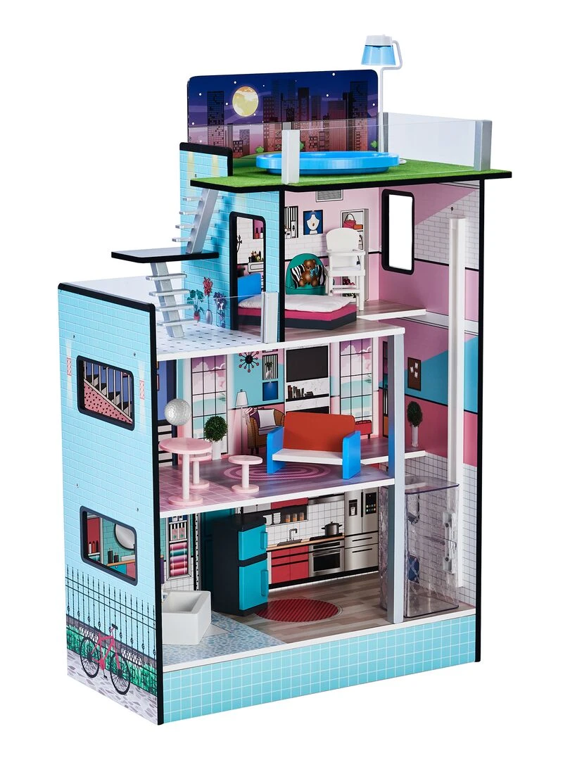 Maison de poupée bois enfant fille mini poupée miniature 9cm turquoise/noir Olivia's Little World N/A