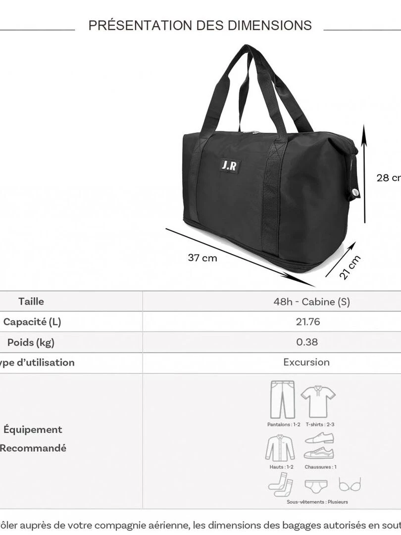 Sac de voyage week end 21L déperlant sans roulet Noir