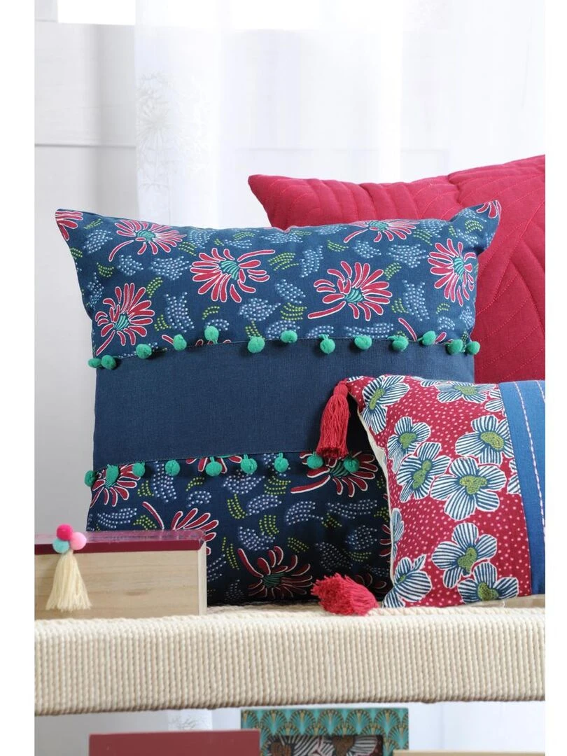 Coussin déhoussable à l'esprit floral   Bleu marine