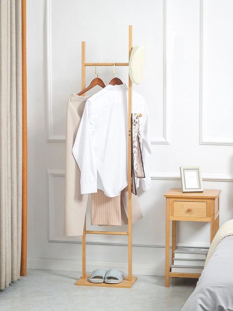 Penderie porte manteaux   3 barres  2 patères   bois bambou   Beige