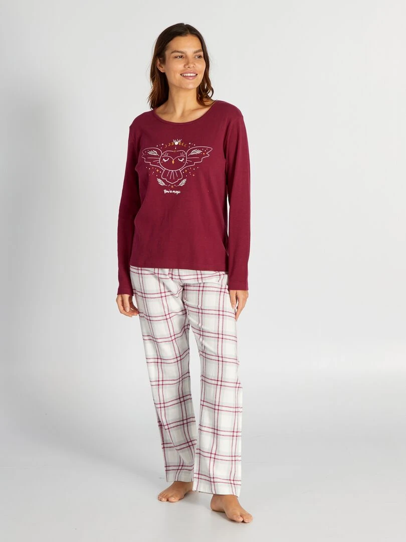 Pyjama long t shirt + pantalon en flanelle 2 pièces Rouge