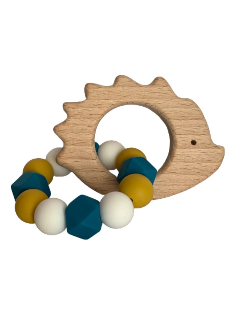 Hochet hérisson bois et silicone Bleu canard