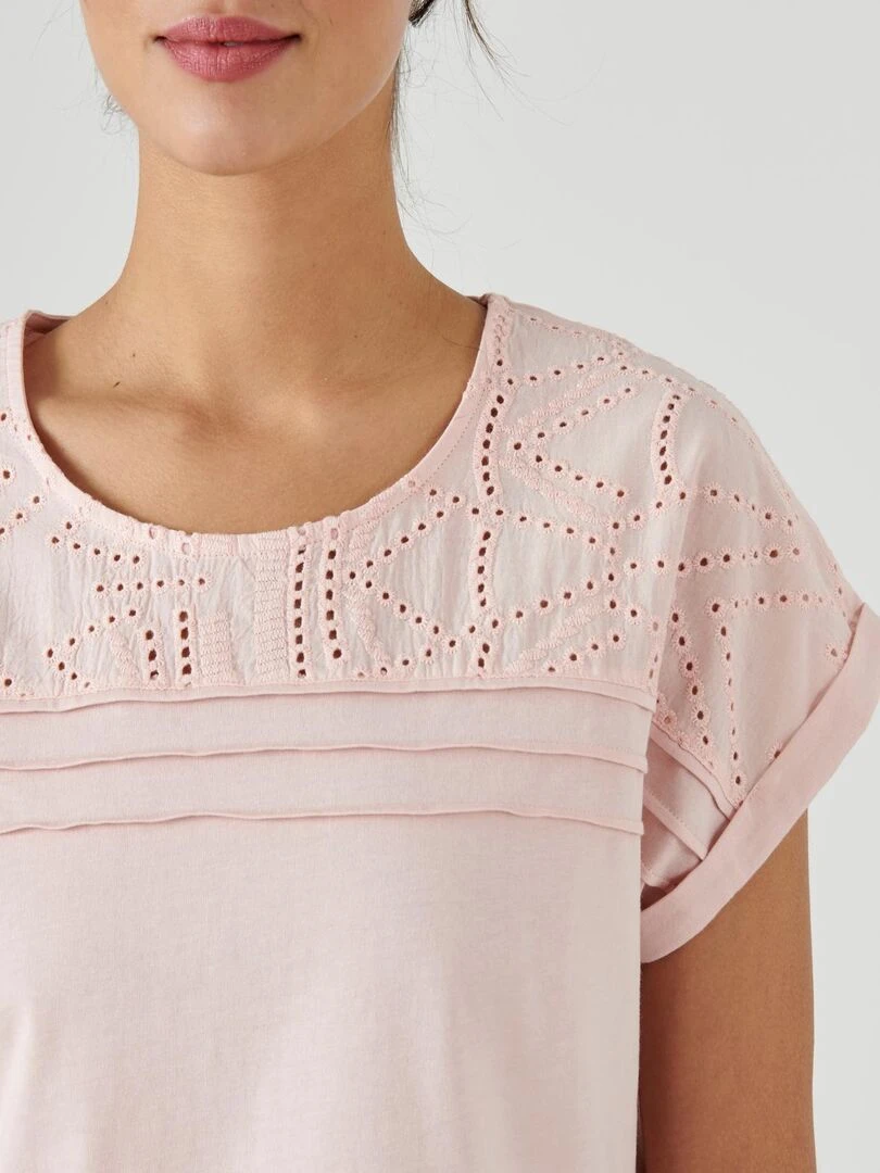 Tee shirt détails broderie anglaise Damart Rose pâle