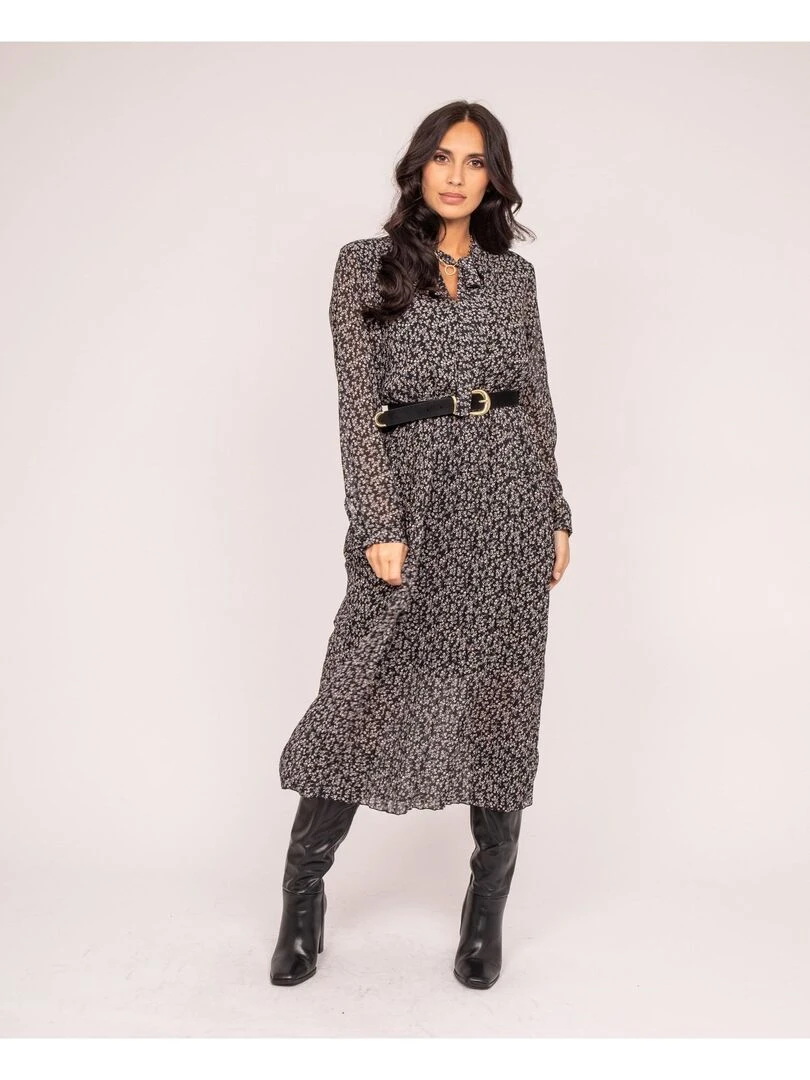 Robe longue motifs plissée IFLOR Noir