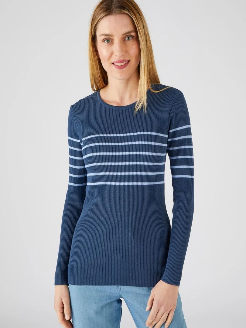 Pull col rond 50% laine mérinos uni et rayé Damart Bleu
