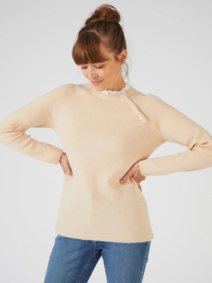 Pull mélange alpaga col broderie anglaise   Damart   Blanc Ecru Blanc