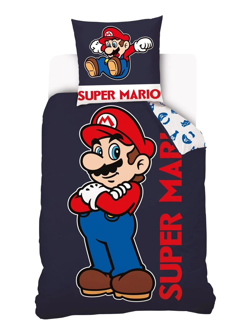 Housse De Couette Super Mario et Taie D'Oreiller 100% Coton Bleu marine