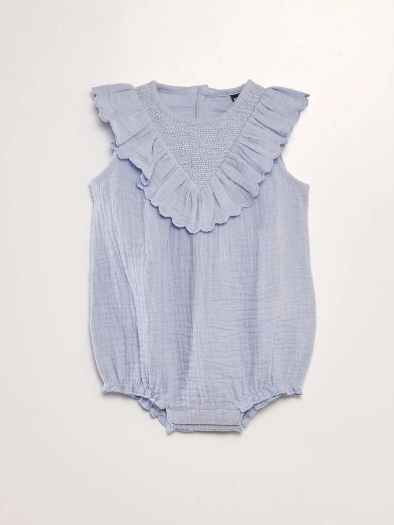 Barboteuse en gaze de coton avec volants Bleu