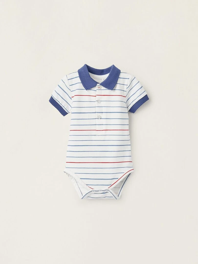 Body Polo en coton à rayures pour nouveau né manches courtes ATLANTIC COMPANY Blanc