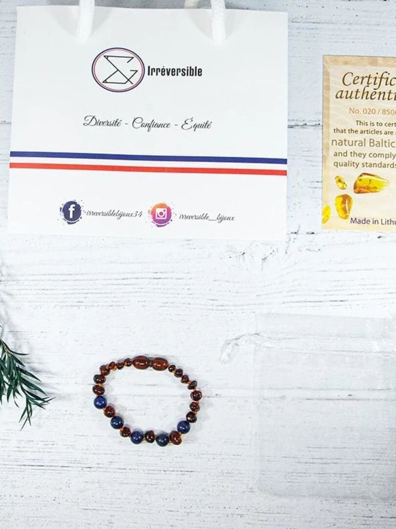Bracelet bébé   Ambre et pierres naturelles   Ambre Cognac / Lapis lazuli   Bleu