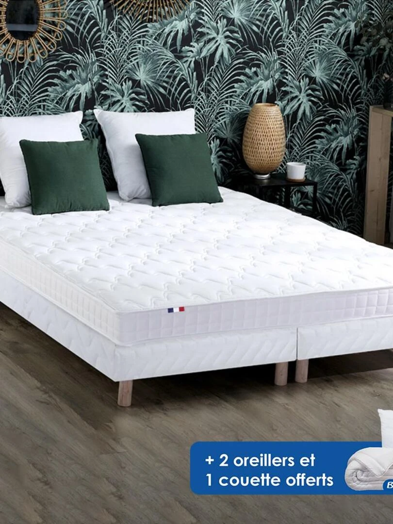 Ensemble matelas mémoire de forme + sommier + oreiller + couette fabrication française matelas Blanc