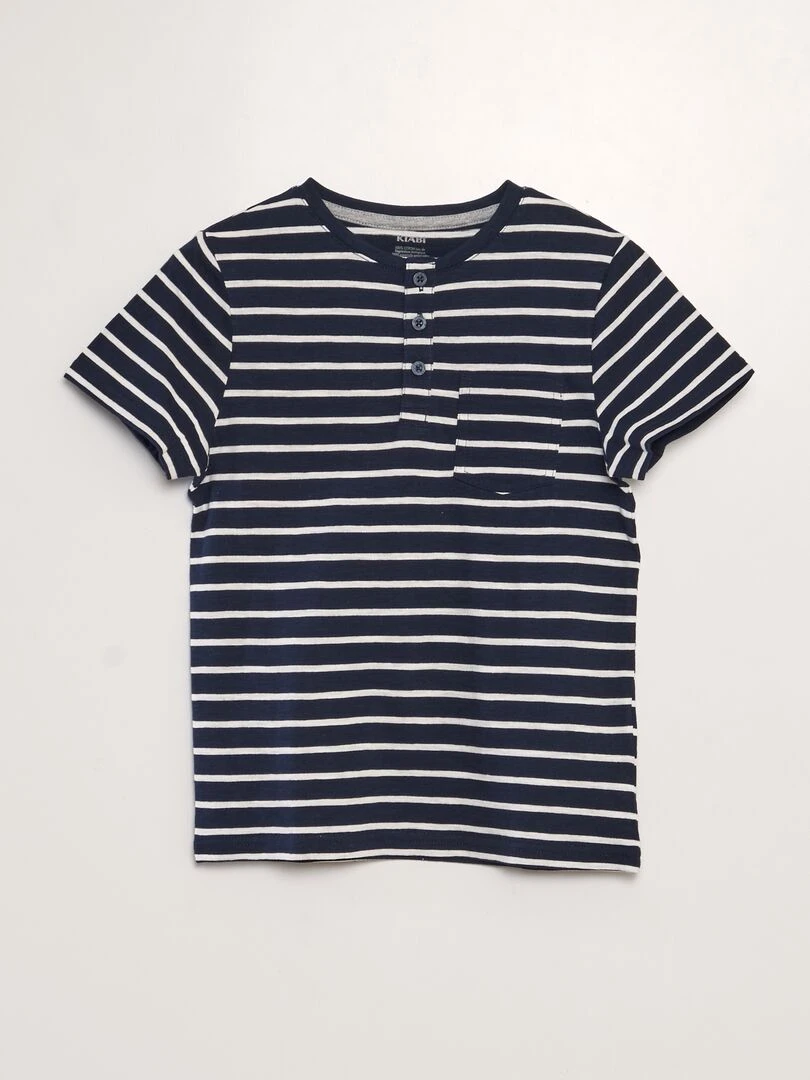 T shirt à col tunisien avec rayures Bleu marine