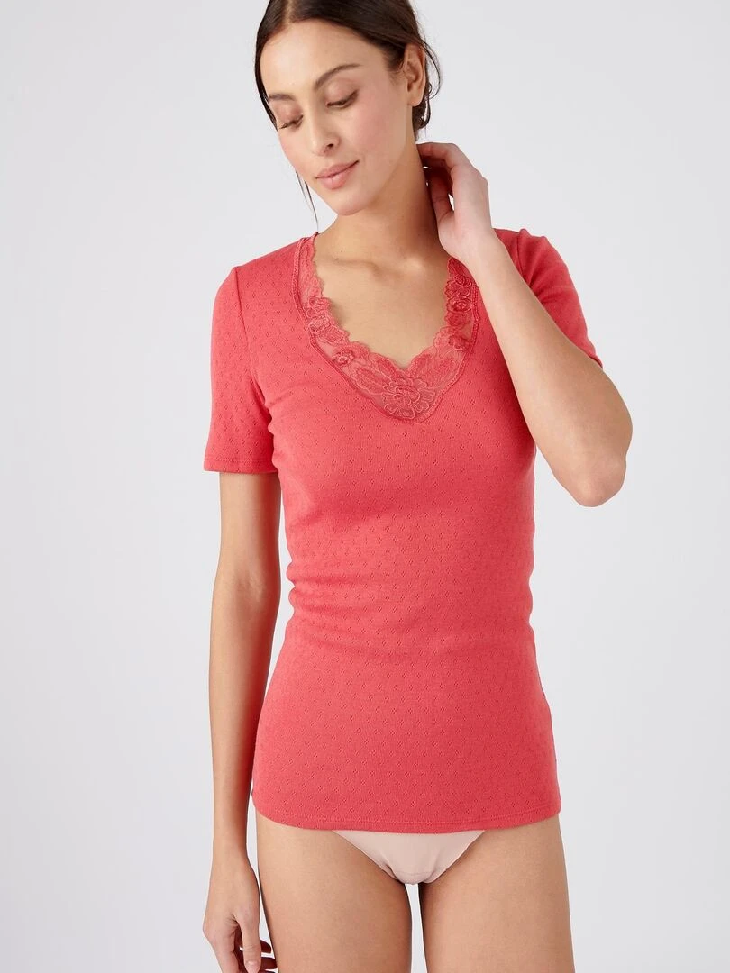 T shirt manches courtes maille ajourée Thermolactyl Damart Rose framboise