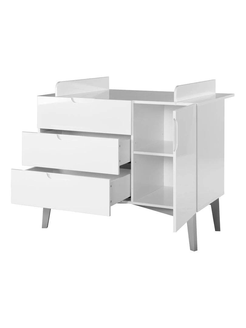ROBA Commode à Langer "Retro 2" avec Plan à Langer Amovible   Blanc à Haute Brillance   Pied Rétro   Blanc