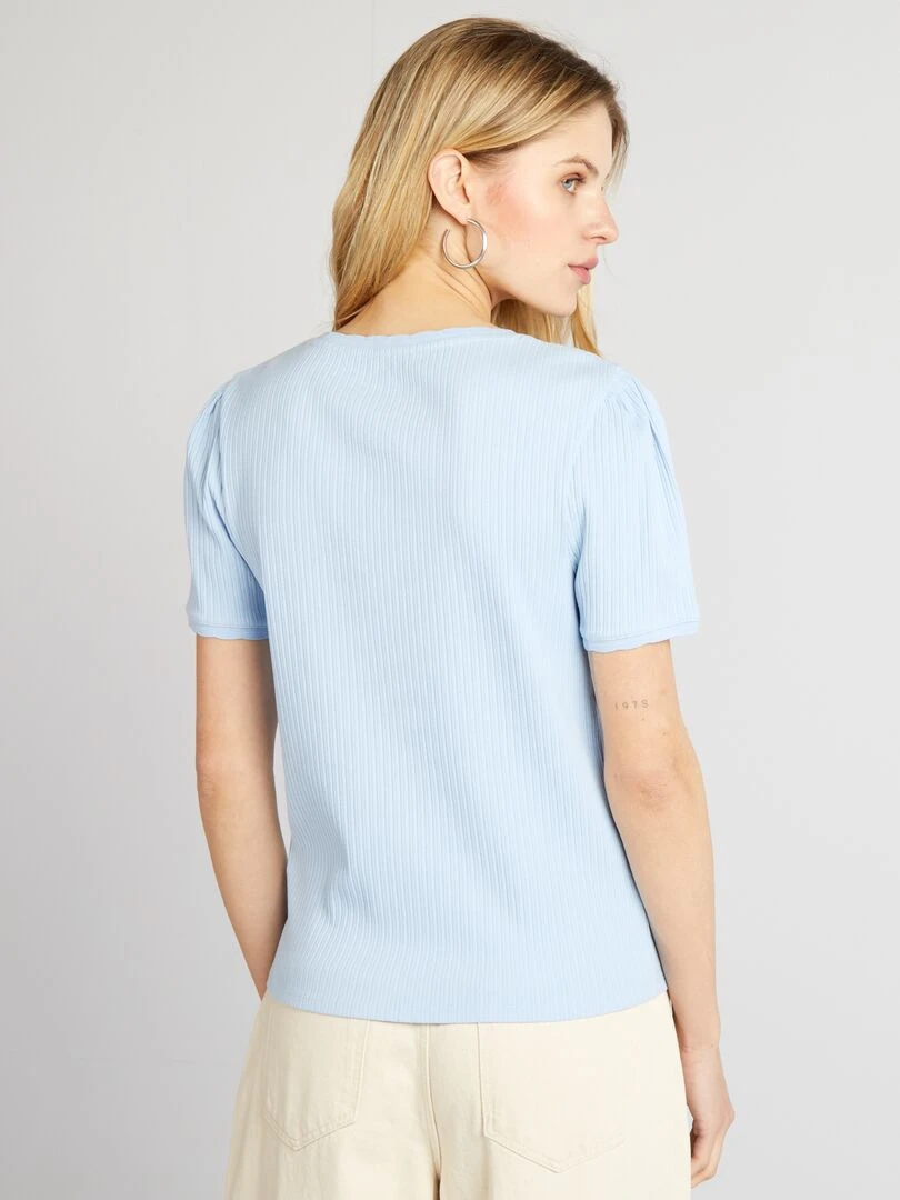 T shirt côtelé à col plongeant   Bleu clair