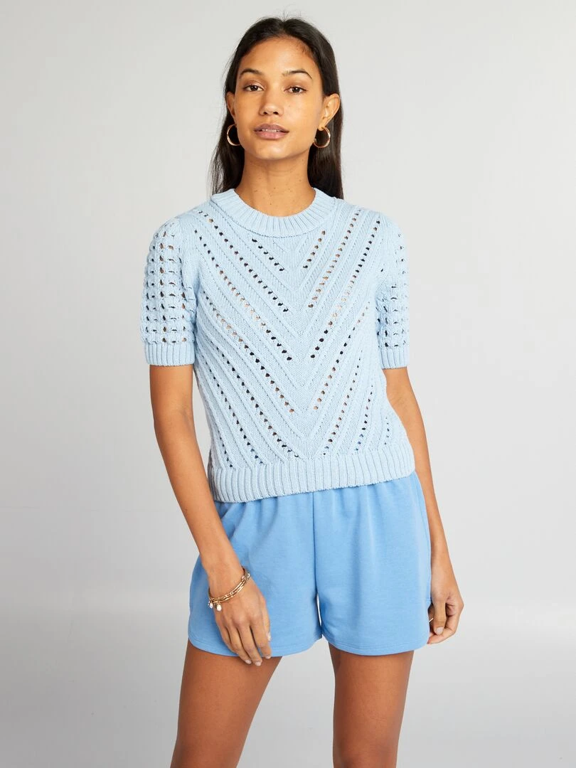 Pull en maille ajourée à manches courtes   Bleu