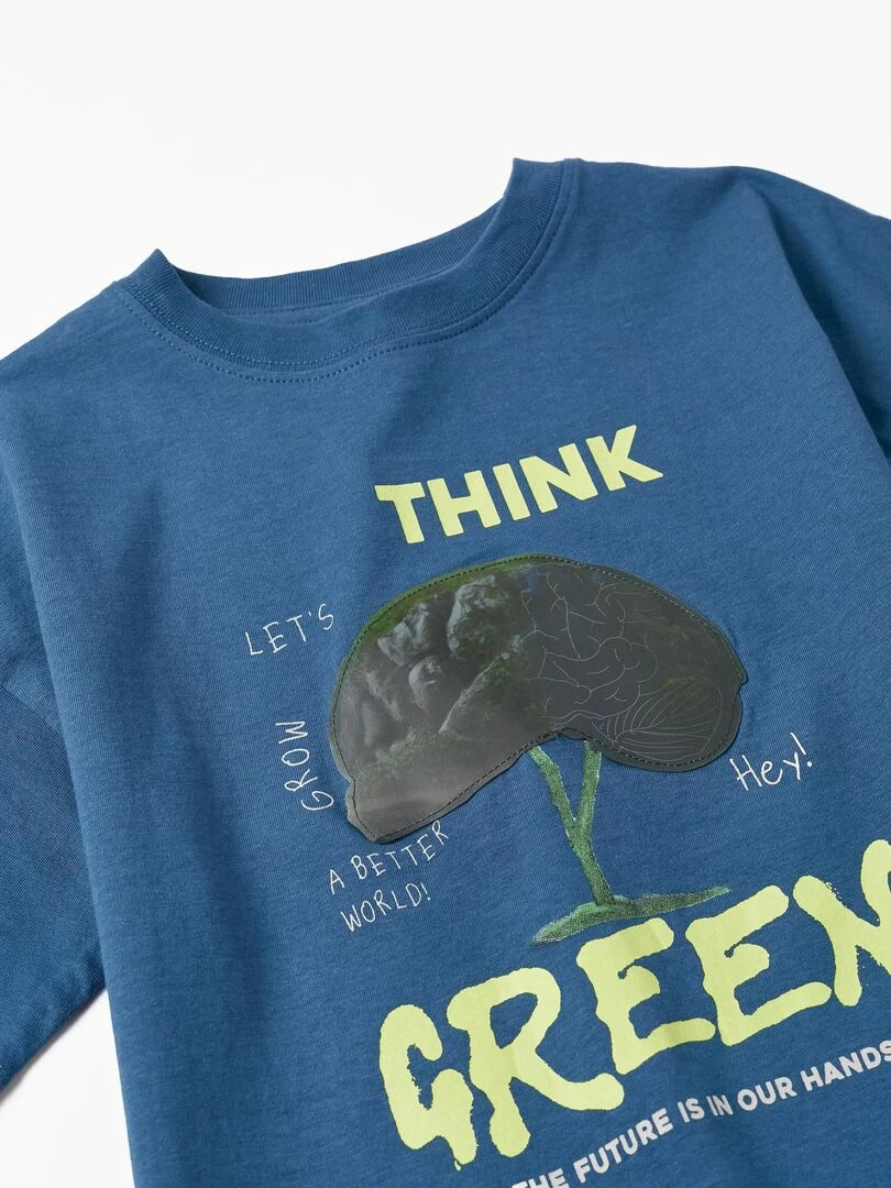 T shirt en coton à effet holographique pour garçon 'Think Green' manches courtes   Bleu foncé