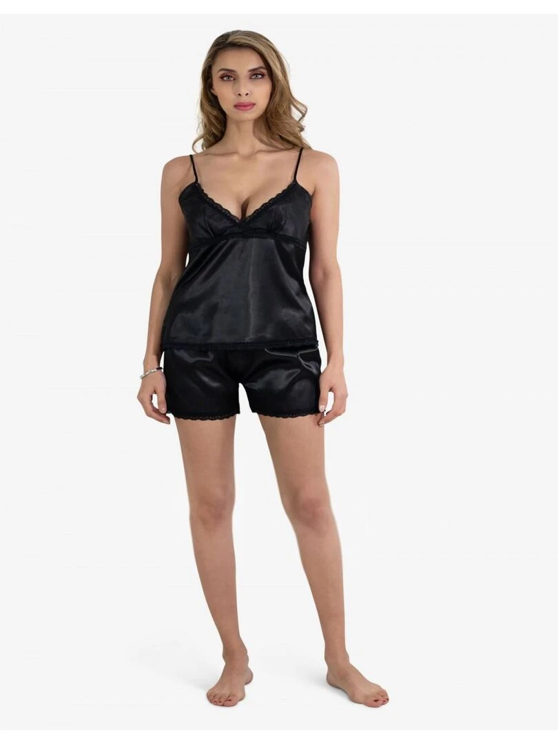 Ensemble pyjashort fines bretelles en satin Kebello Noir Noir