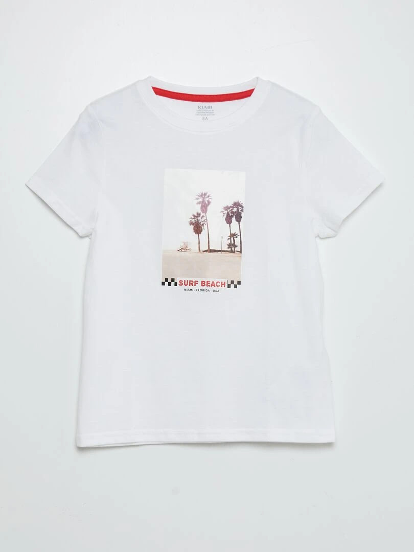 T shirt à col rond avec imprimé Blanc 'Surf Beach'