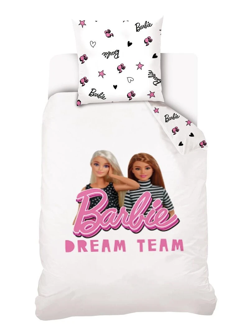 Housse de couette Barbie 140x200 cm et taie d'oreiller 100% Coton Blanc