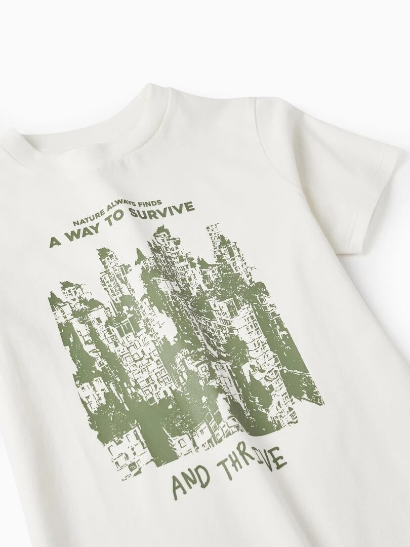 T shirt en coton pour garçon 'Nature Always Finds' manches courtes   Blanc