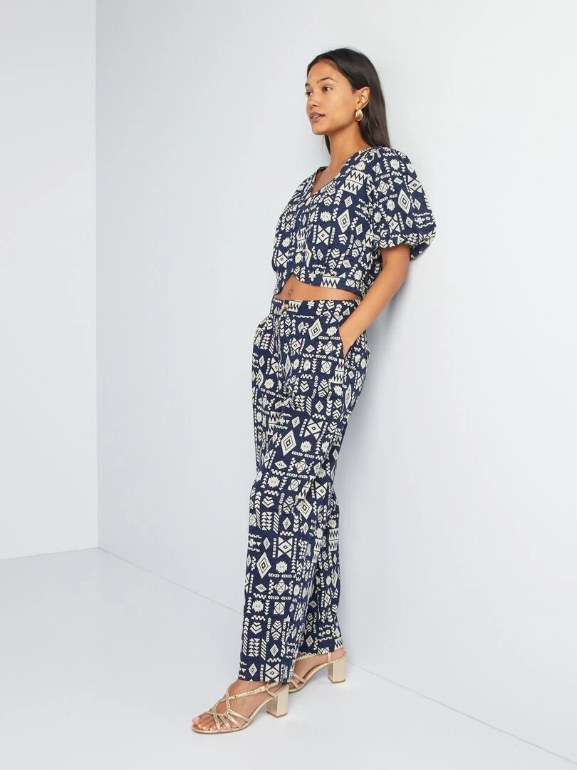 Blouse courte imprimée ethnique Bleu marine